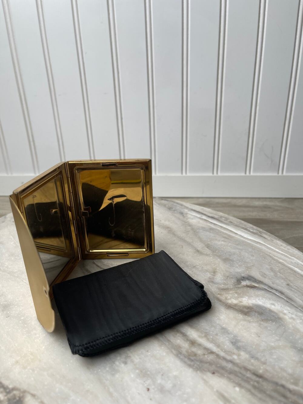 Compact Tri-Fold Signed Coty Gold Envelope Mirror Vanity Brass Art Deco